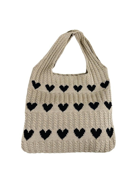 Handmade Crochet Tote Knit for Women Heart Pattern Boho Large Capacity Design Beach Handbags Shoulder Vacation Bag Khaki