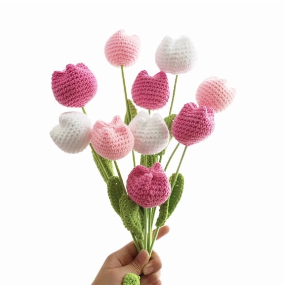 Handmade Crochet Tulip Bouquet, Blush Pink Crochet Flower Artificial Tulips Knitted Flowers Forever Floral Arrangements for Birthday Valentines Graduation Wedding Party Home Decor Gifts for Her
