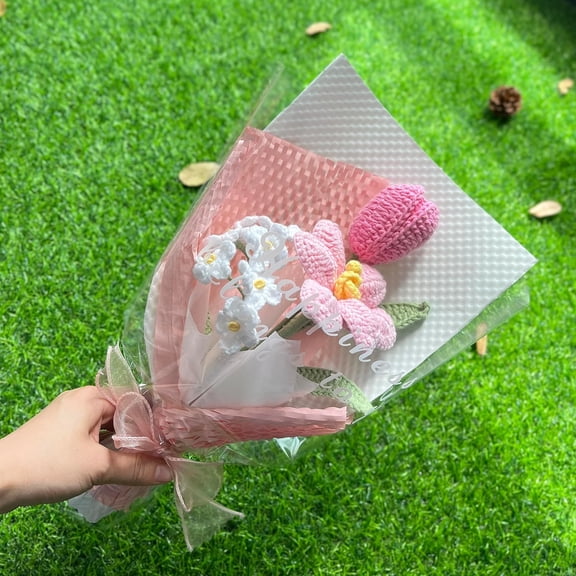 Handmade Crochet Tulip Forget-Me-Not Bouquet, Knitted Artificial Forever Flowers with Exquisite Wrap, Gift to Girlfriend Mom Women, Perfect for Valentines, Home Decor, Celebration