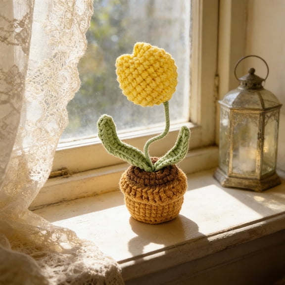 Handmade Crochet Tulips in Pot, Knitted Yarn Flower Planter 4.3 Inch, Faux Spring Home Decor for Desk Shelf, Cute Car Dashboard Plant, Office Gift Idea