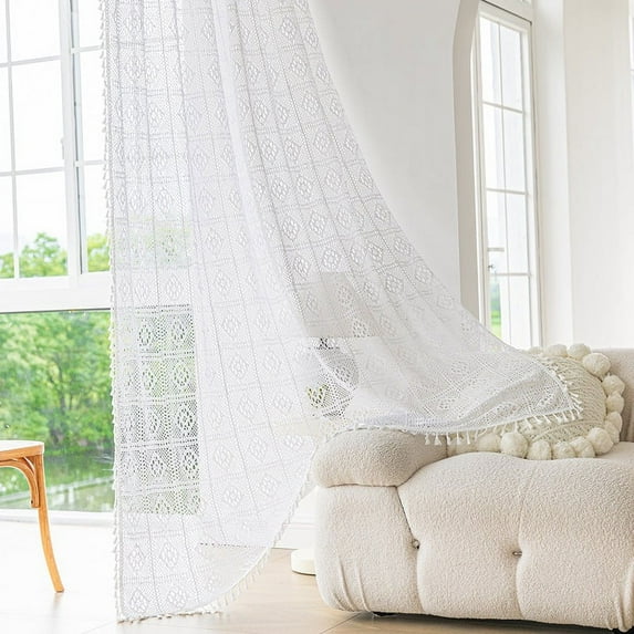 Handmade Crochet Window Curtain Hollow Out Boho Curtains with Tassels for Living Room Vintage Knitting Lace Drapes Rod Pocket