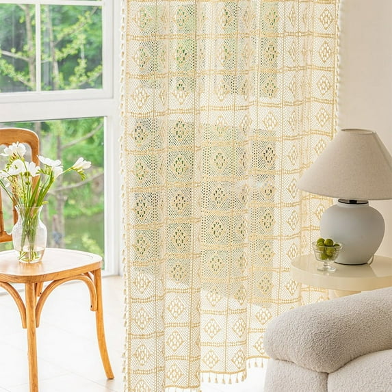 Handmade Crochet Window Curtain Hollow Out Boho Curtains with Tassels for Living Room Vintage Knitting Lace Drapes Rod Pocket