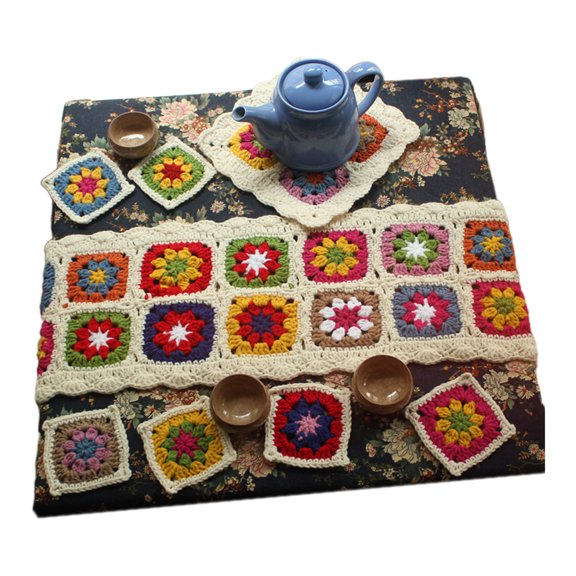 Handmade Crochet Wool Table Runner Teapot Cushion Pad Coaster Set of 8