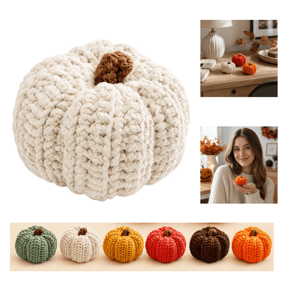 Handmade Crochet Yarn Pumpkin Decorations, Soft Knit Plush Pumpkin Doll Figurines, Woven Pumpkins for Fall Harvest, Halloween, Thanksgiving Indoor Farmhouse Table Ornament - (Beige)
