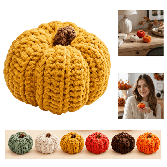 Handmade Crochet Yarn Pumpkin Decorations, Soft Knit Plush Pumpkin Doll Figurines, Woven Pumpkins for Fall Harvest, Halloween, Thanksgiving Indoor Farmhouse Table Ornament - (Yellow)