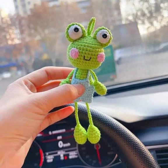 Handmade Crocheted Blush Frog Hanging Ornament For Car Rearview Mirror Home Decor