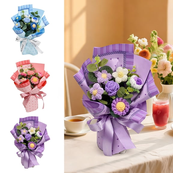 Handmade Crocheted Flower Bouquet - Finished Yarn Flower Arrangement with Sunflowers/Roses, Artificial Knit Flowers for Decor, Valentine’s Day Gift/Wedding Bouquet/Table Centerpiece, 12*8in, Purple
