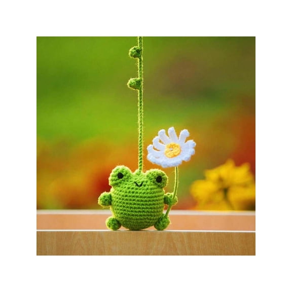 Handmade Crocheted Frog With White Daisy Hanging Ornament For Car Mirror Home Decor