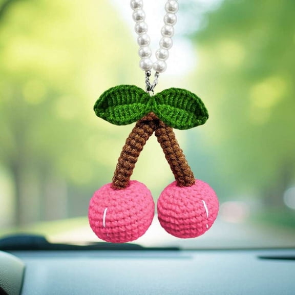 Handmade Crocheted Pink Cherry Hanging Ornament For Car Rearview Mirror Home Decor
