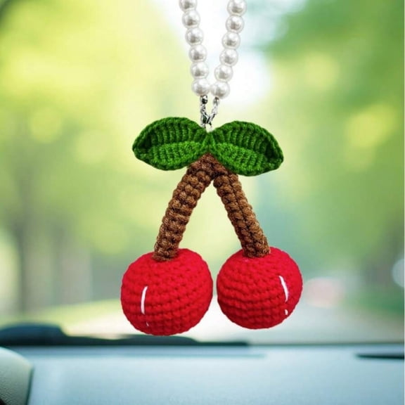 Handmade Crocheted Red Cherry Hanging Ornament With Pearl Chain For Car Rearview Mirror Home Decor