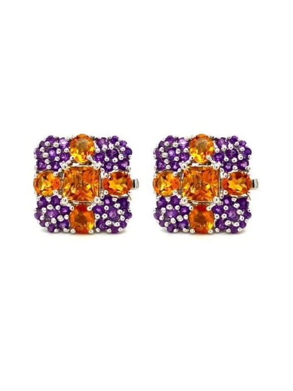 Handmade Cross Citrine and Amethyst Square Shape Cufflinks in 925 Sterling Silver Coat Accessories