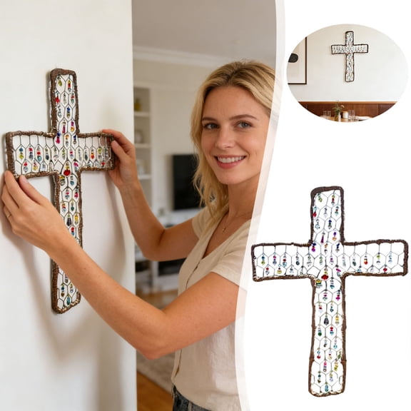 Handmade Cross Suncatcher, Stained Glass Window Hanging, Rustic Beaded Chicken Wire Window Decor, Christian Decorations, For Home Kitchen Garden 7.9"X11.8" Home Decor