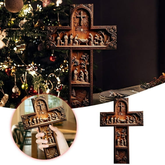Handmade Crucifix Wall Decor – Boxwood Material, Cross Decoration/Home Room Décor, With Red Accents