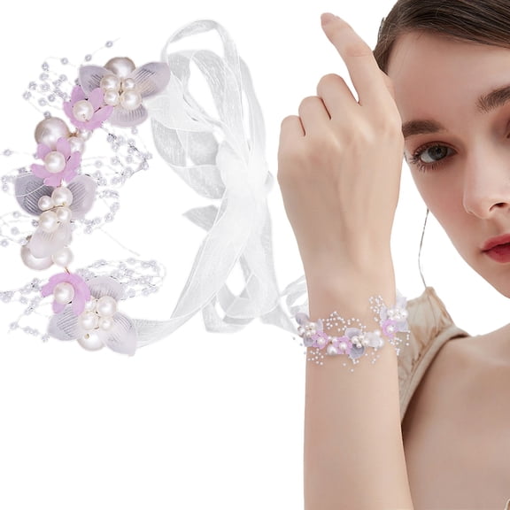 Handmade Crystal Bridal Jewelry Purple Wedding Bridal Wrist Corsage Bride Wrist Flower Corsages Pearl Bracelet Wristband for Girl Bridesmaid Prom Homecoming Hand Flowers Decor (Type C), By Meiiso