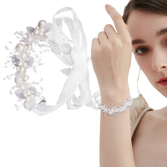 Handmade Crystal Bridal Jewelry White Wedding Bridal Wrist Corsage Bride Wrist Flower Corsages Pearl Bracelet Wristband for Girl Bridesmaid Prom Homecoming Hand Flowers Decor (Type A), By Meiiso