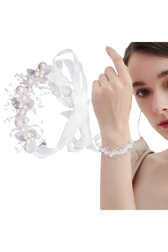 Handmade Crystal Bridal Jewelry White Wedding Bridal Wrist Corsage Bride Wrist Flower Corsages Pearl Bracelet Wristband for Girl Bridesmaid Prom Homecoming Hand Flowers Decor (Type A), By Meiiso