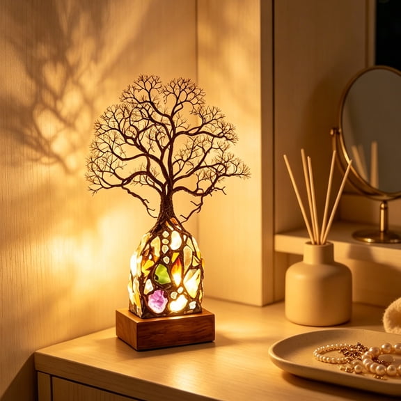 Handmade Crystal Stone Wire Tree Stained Glass Desktop Night Light, Wooden Base Mediterranean Ambient Table Lamp, For Bedroom Study Living Room Aesthetic Decor