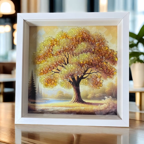 Handmade Crystal Tree Art in Elegant White Frame - Unique 3D Desk Decor Featuring Natural Gemstones and Intricate Tree Design, Perfect for Home and Office Display