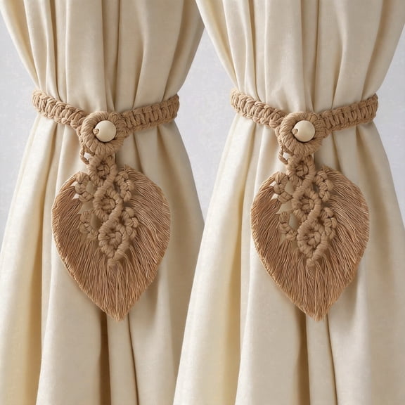 Handmade Curtain Tiebacks 2 Pack Farmhouse Drapery Holdbacks Hand-Woven Cotton Rope with 2 Beads Bohemian Style Brown