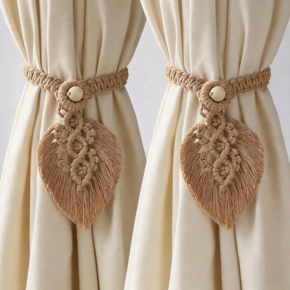 Handmade Curtain Tiebacks 2 Pack Farmhouse Drapery Holdbacks Hand-Woven Cotton Rope with 2 Beads Bohemian Style Brown