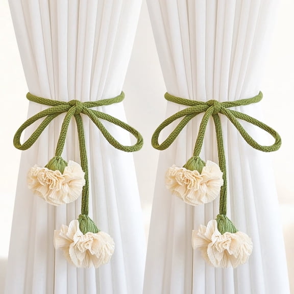 Handmade Curtains Tiebacks, Boho Flower Curtain Tie Backs Curtain Holder Tie Backs for Curtains Braided,Cute Flower Curtain Ties Decorative Rope for Bedroom Window Treatment (Milk White)