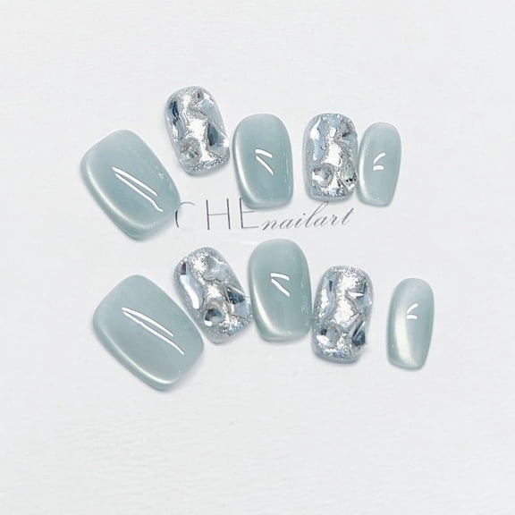 Handmade Custom Wear Armor Summer Blue Cat Eye Short Square Finished Nail Beauty Patch