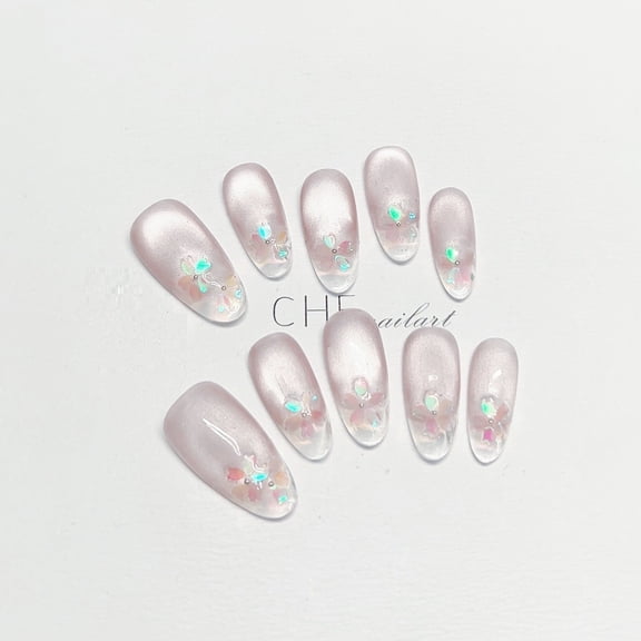 Handmade Custom Wear Nail Cat Eye Oval Ice Transparent Fluorescent