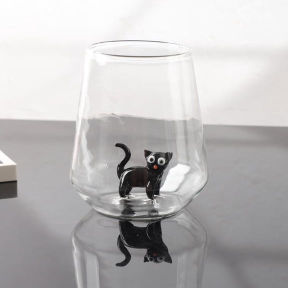 Handmade Cute Cat Glass Cup  3D Cat Figurine Stemless Wine Glass for CatLovers, CatFigurine GlassCup, Handblown Figures Inside GlassCup, Unique Feline Barware Gift, Coffee & Wine Cup