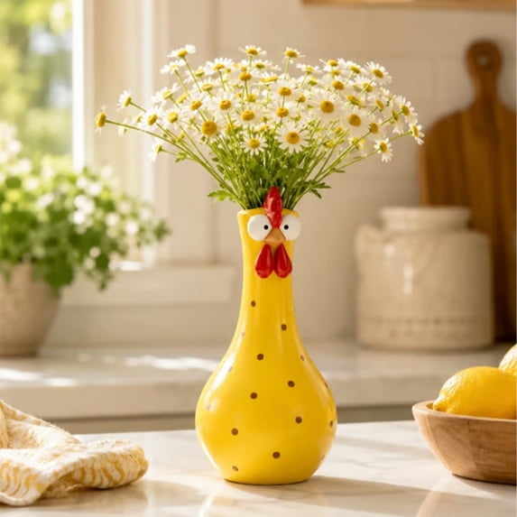 Handmade Cute Ceramic Chicken Shaped Vase Decorative Resin Flower Vase with Polka Dot Pattern for Home Desk Shelf Living Room Decor