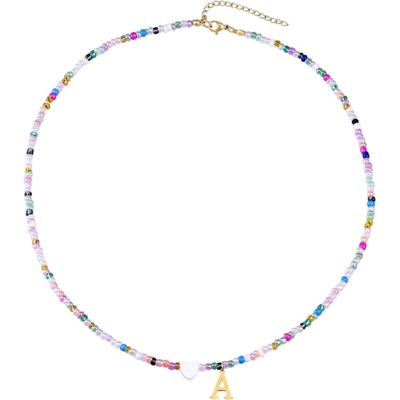 Handmade Cute Colorful Beaded Shell Love Initial Necklace - Trendy Choker Necklace for Women Teens, Gold Letter Charm Necklace Jewelry Gifts Best Friend Friendship