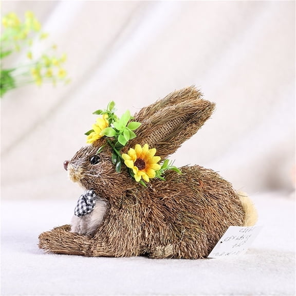 Handmade Cute Rabbit Craft Ornament with Sunflower Garland - Adorable Straw Animal Decoration for Home and Garden