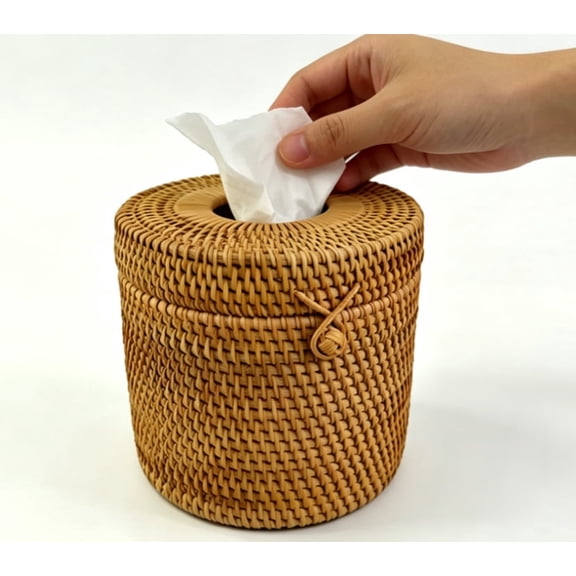 Handmade Cylinder Facial Tissue Box Holder, Decorative Round Rattan Paper Cover, for Bedroom, Dining Room, Car, Office, Brown 5.9*5.1 Inch