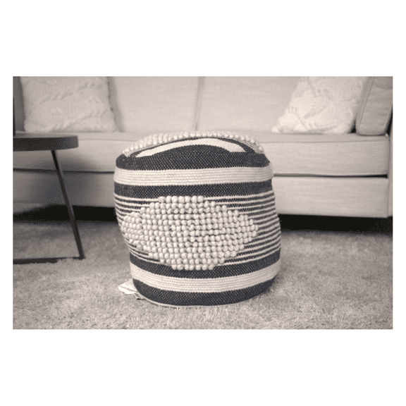 Handmade Cylindrical Pouf Ottoman, Beige & Grey - 16x16x16in Floor Cushion for Living Room, Bedroom, Cozy Home Decor, Comfortable Footrest Seating