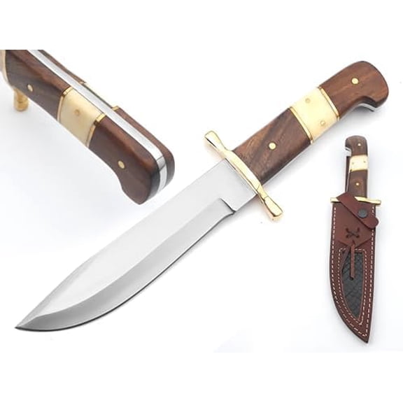 Handmade D2 Steel Bowie Knife, Full Tang Fixed Blade Bowies With Brass Guard Hunting Knife with Leather Sheath Ideal for Camping, Hiking, Survival Gift For Man$$Other