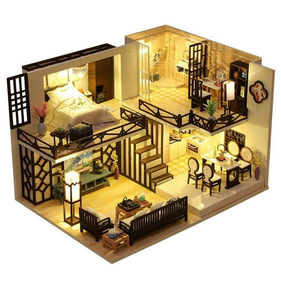 Handmade DIY Wooden Dollhouse Kit Dollhouse Miniature Including Bedroom Bathroom Living Room Kitchen Stairway and furnitures Birthday and Valentine's Day Gift