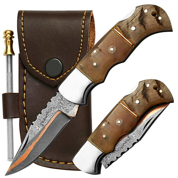 Handmade Damascus Folding Knife Bone Handle, Copper Inlay, Steel Bolster 7'' Tactical Pocket Knife with Leather Sheath & Sharpener HRC 58-60"