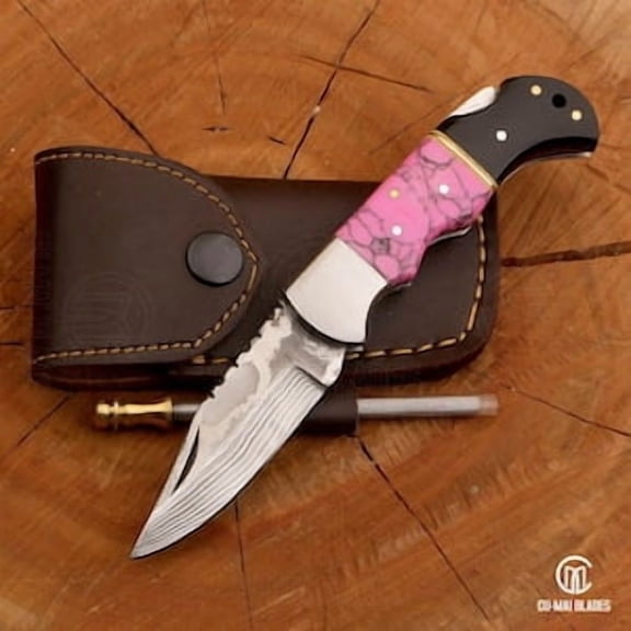 Handmade Damascus Folding Knife: Pink Stone & Bull Horn Handle