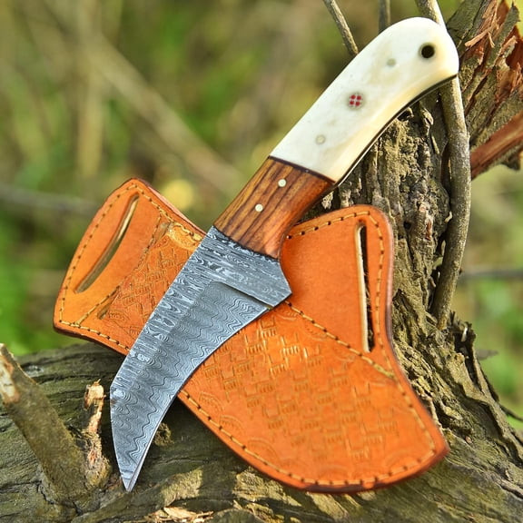Handmade Damascus Lineman Hawkbill knife, Skinnning Knives, With Leather Sheath, Fixed Blade Knife, electrician knife with Bone Handle (Bone)