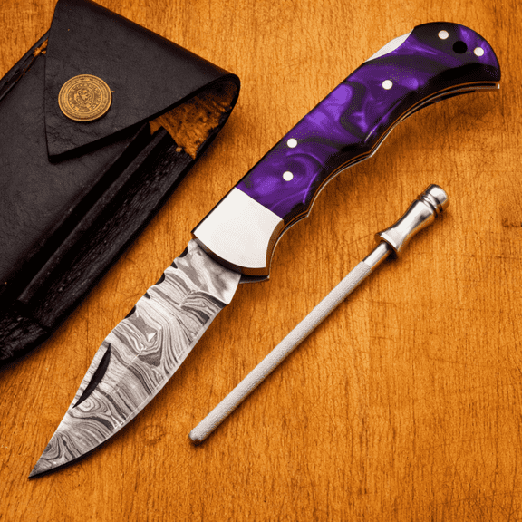 Handmade Damascus Pocket Knife 7"– Purple Resin Handle Folding Knife, Leather Sheath HandiGo USA
