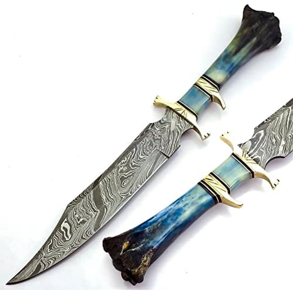 Handmade Damascus Steel Hunting Knife with Camel Bone Handle, Full Tang, Fixed Blade, Damascus Bowie Knife long handled, Sheath Included, Use For Skinning Hunting And Camping$$Other