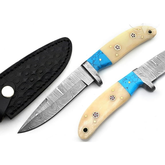 Handmade Damascus Steel Hunting Knife with Cowhide Leather Sheath Turquoise & Camel Bone Handle - Ideal for Hunting, Camping, Outdoor Gift for Husband, Fathers Day