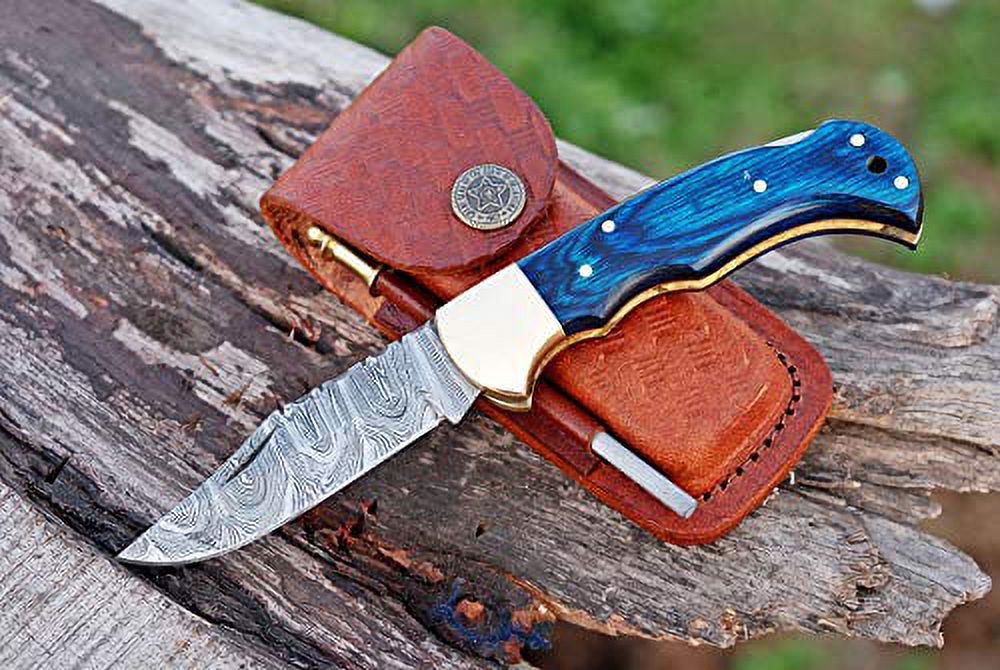 Handmade Damascus Steel Pocket Knife & Knife Sharpener - Damascus Folding Knife - Pocket Knife for Men, EDC Knife & Hunting Knife with Back Lock & Pakka Wood Handle with Leather Knife Sheath - image 1 of 9