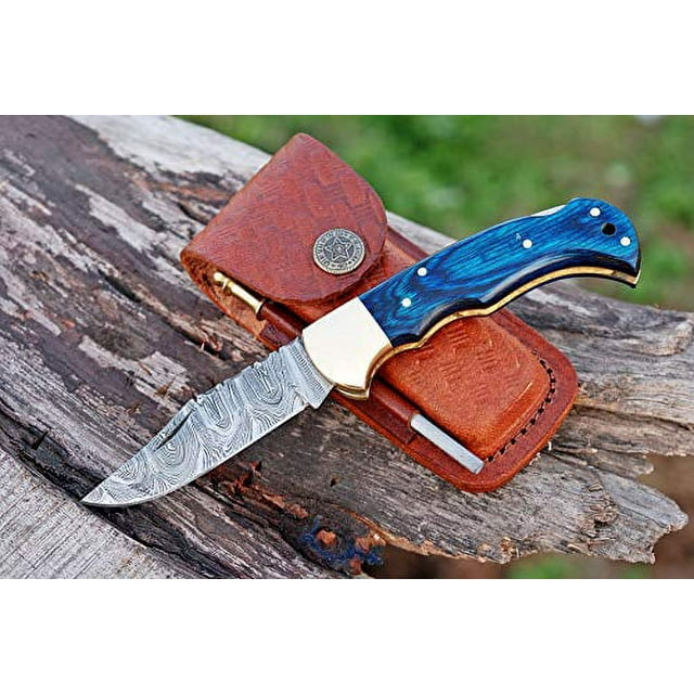 Handmade Damascus Steel Pocket Knife & Knife Sharpener - Damascus Folding Knife - Pocket Knife for Men, EDC Knife & Hunting Knife with Back Lock & Pakka Wood Handle with Leather Knife Sheath