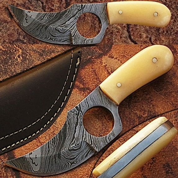 Handmade Damascus Steel Skinner Knife w/Finger Hole (Bone Handle)