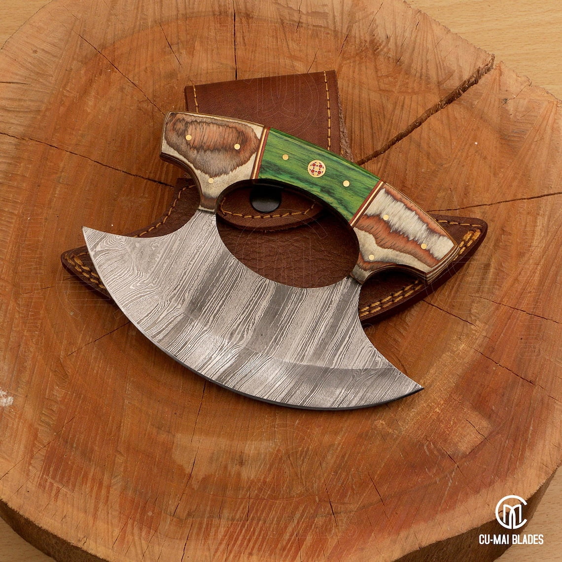 Handmade Damascus Steel Ulu Knife with Pakka Wood