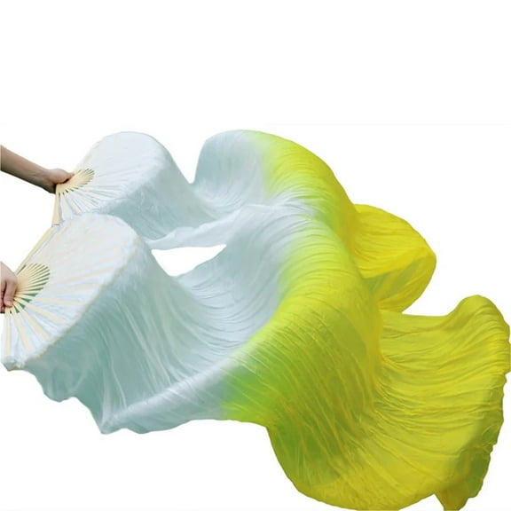 Handmade Dance Props Silk Belly Dance Fans Natural Silk 1 Pc Left Hand 1 Pc Right Hand Dancing Silk Fan White yellow