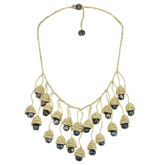 Handmade Dangling Black Pearls on Woven Silk Thread Bib Necklace