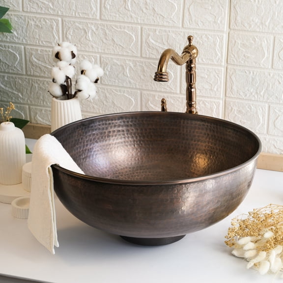 Handmade Dark Copper Vessel Sink - Hammered Solid Copper Bathroom & Kitchen Sink - Drain Cap Included