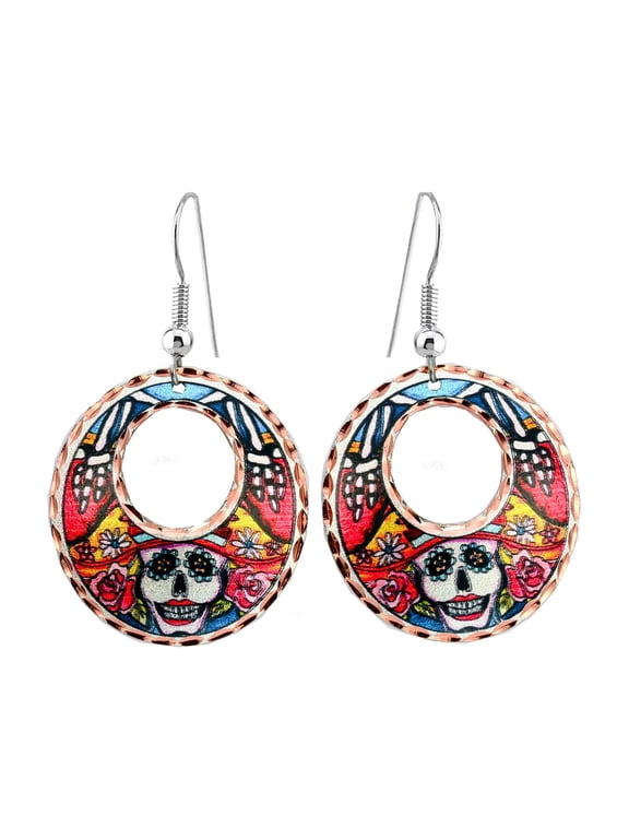 Handmade Day of the Dead Earrings for Women – Sugar Skull Hoop Earrings, Copper Calaveras Jewelry, Dia de los Muertos Gift, Mexican Festival Jewelry, Halloween Boho Skull Accessories(SkullHoop)