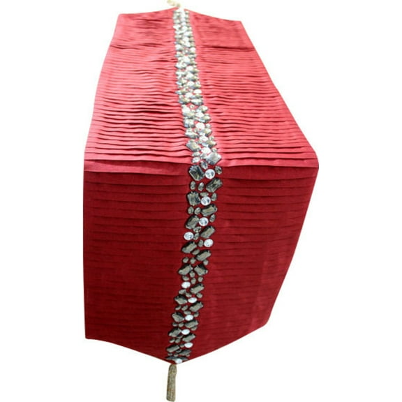 Handmade Decorative Table Runner Deep Red, Clear, Smoke, 14 inch wide x 36 inch long Silk Beaded Table Runner Sparkles Crystal Rhinestone Embroidered Pleated - Deep Red Pleated